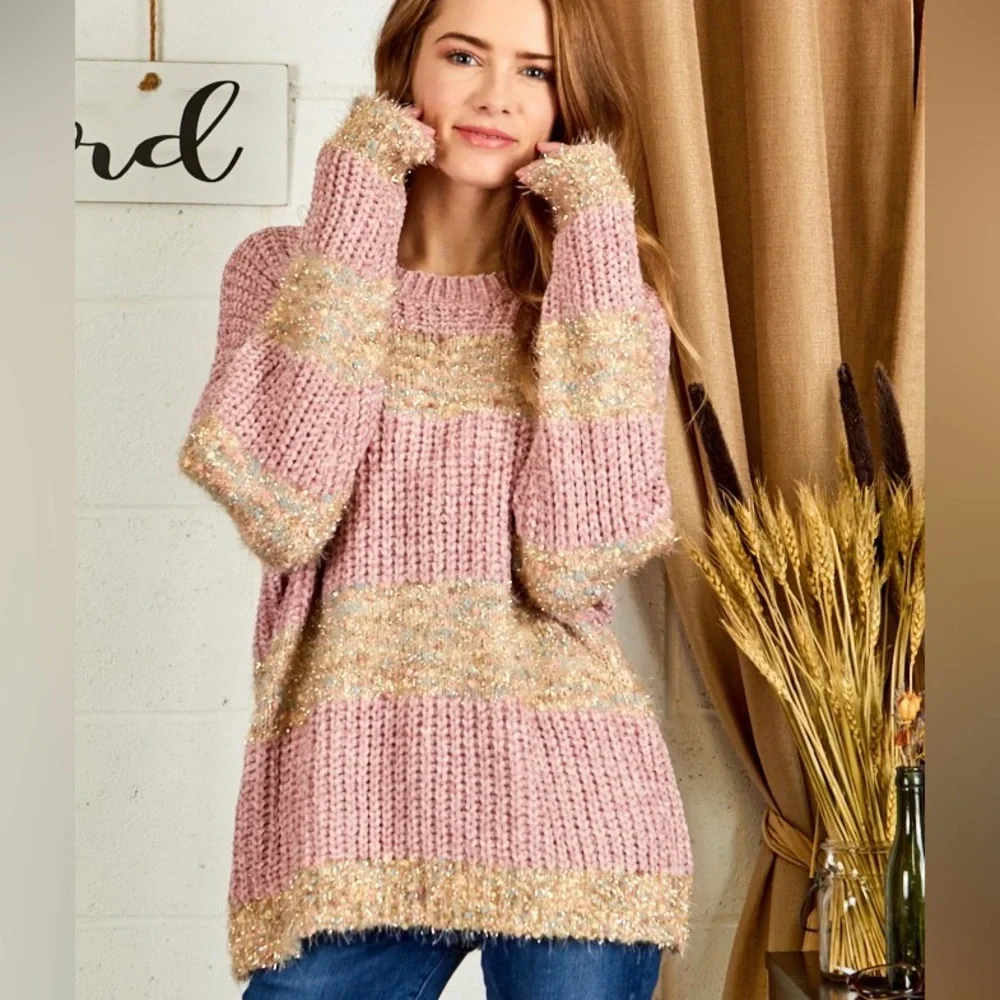 **Last One** Chenille Confetti Soft Knit Sweater, Pink & Gold Metallic Details - Picture 9 of 12